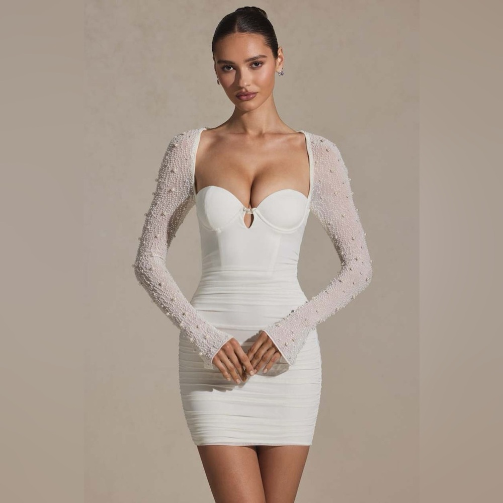 Oh Polly St Germain Embellished Long-Sleeve Mini Dress in White 2 Bridal Wedding